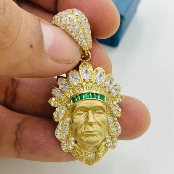 Native American Indian Chief Head Pendant 39x25mm Real 14K Yellow Gold for Mens - Picture 1 of 7